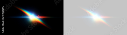 Diagonal prismatic rainbow lens flare with horizontal light streak. Bright optical glare effect on black and transparent background