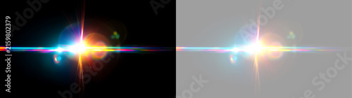 Bright optical lens flare effect with colorful light leaks and bokeh. Anamorphic flare overlay on black and isolated background