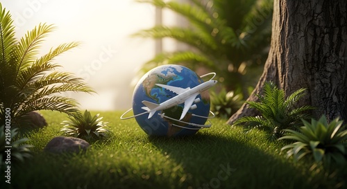 Airplane Circling the Earth in a Lush Green Forest.