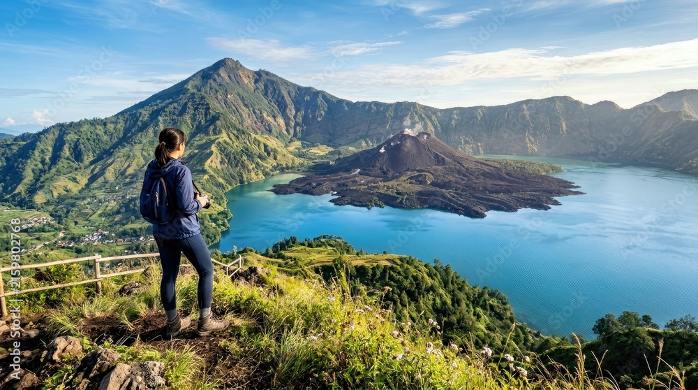 Fototapeta premium Person Overlooking Volcanic Crater Lake Surrounded by Green Hills and Mountains
