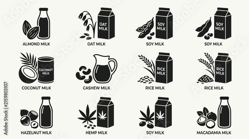 Collection of plant based milk icons with corresponding ingredients black on white