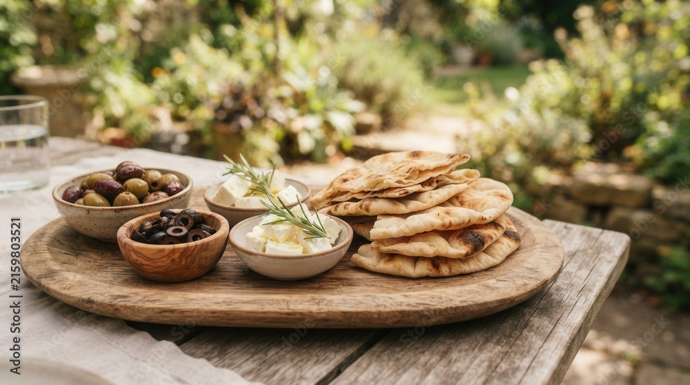 Fototapeta premium Wooden Platter Featuring Olives, Feta Cheese, Pita Bread, Delicious Mediterranean appetizers