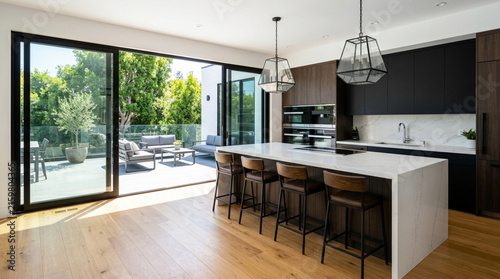 Modern Kitchen Island with Outdoor Patio Access, Sleek Design, Natural Light
