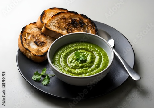 Delicious Green Soup Served with Toasted Bread on a Plate.