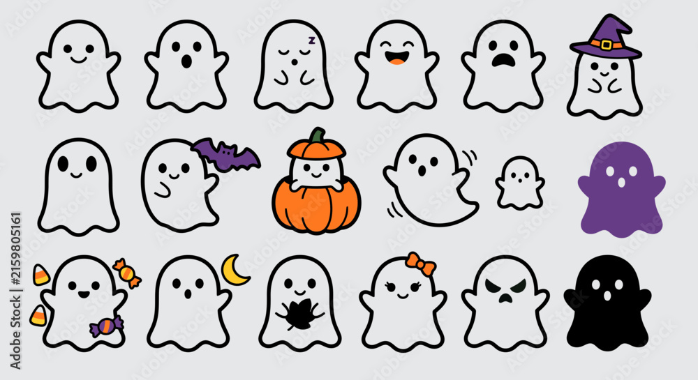 Fototapeta premium Cute Ghost Characters Set, Kawaii Halloween Spooky Expressions, Pumpkin and Witch Hat Vector Icons