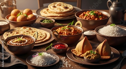 Abundant Indian Feast with Samosas, Curries, and Naan Bread.