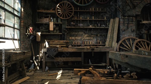 Vintage Woodworking Workshop Interior Rightward Tracking Shot