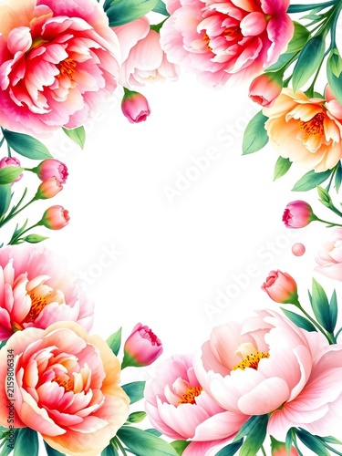Watercolor floral frame with bright summer spring peonies, vintage, spring