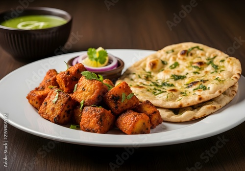 Delicious Indian Chicken Tikka with Naan Bread and Mint Chutney.