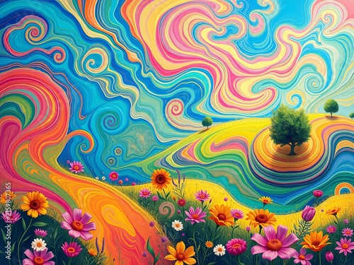 Whimsical summer landscape with swirling patterns and vibrant colors, carefree, happy