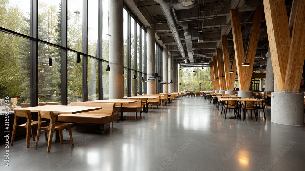 Obraz premium Modern cafe lifestyle minimalist wide shot interior with wood table, chair, window, concrete floor, column, natural light, calm mood