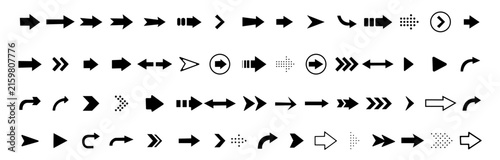 Collection of modern black vector arrow icons and navigation symbols on white background