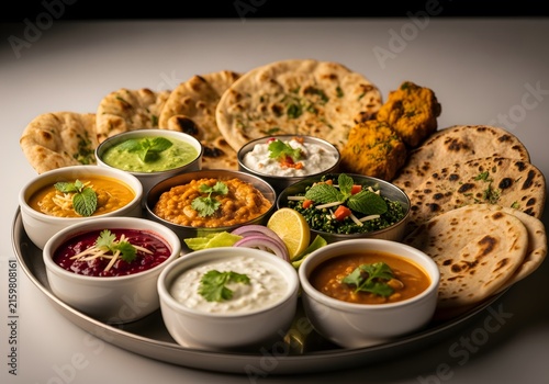 Delicious Indian Thali Platter with Assorted Curries and Breads.