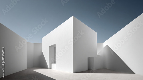 Minimalist architecture corner white wall shadow concrete courtyard geometric modern serene exterior with clean line and blue sky