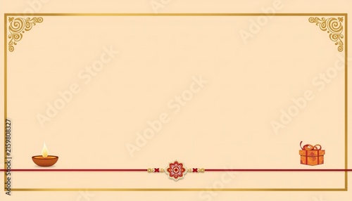 Beige festive background with ornamental corner border thread diya bowl and gift box copy space illustration