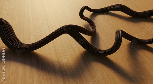 A Dark, Wavy Cable Curving Across a Wooden Surface.