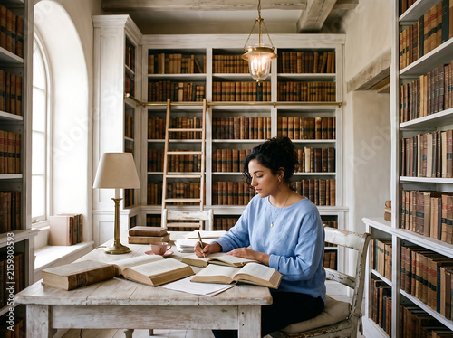 Young woman with curly hair writing at a wooden desk surrounded by vintage bookshelves in a warm, historic library photo.