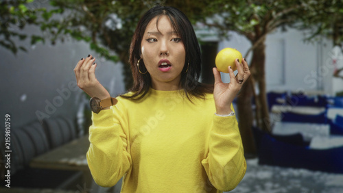 Картината върху платно Woman holding lemon and covering mouth while sniffing, yellow sweater with watch and rings visible inside a building; disgust reaction