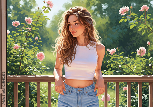 Blonde woman in a white t-shirt looking at the bright blue sky with clouds from behind on a sunny day.