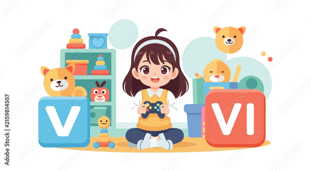 Fototapeta premium Young girl playing video games with toys around.