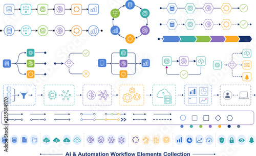AI Automation Workflow Vector Elements with Connected Data, Machine Learning, Cloud, Analytics, and Process Flow Symbols