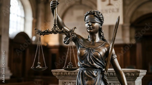 Bronze statue of blindfolded lady justice holding golden scales of balance