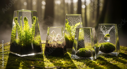 Glass bottles with fresh green sprouts on moss