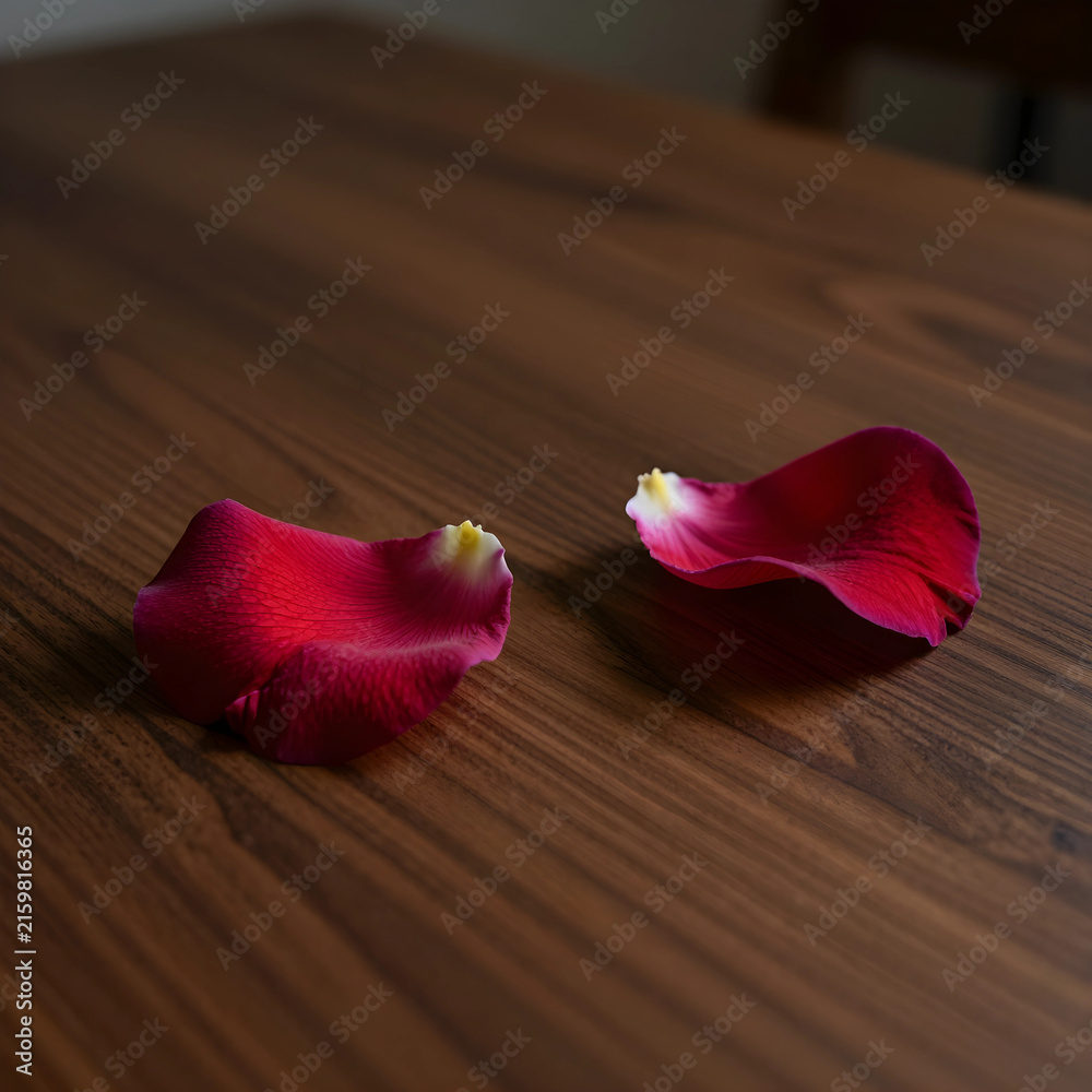 Naklejka premium Love and romance concept, two red rose petals on a dark wooden table, symbol of passion and delicate beauty