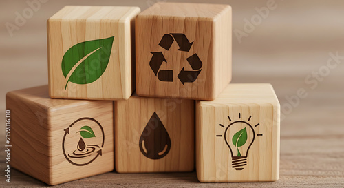 Wooden blocks with eco recycling symbols