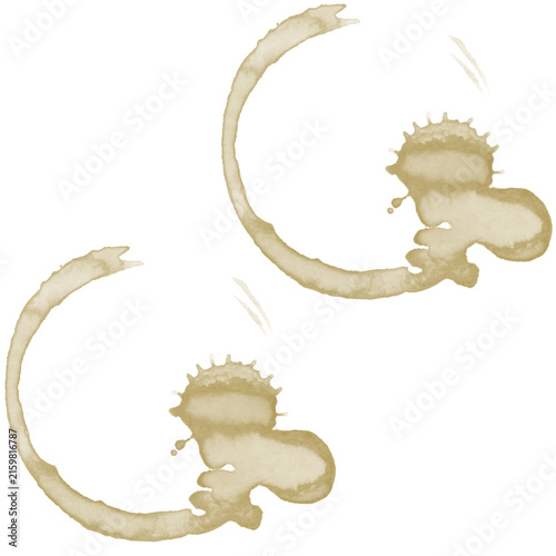 Coffee Cup Ring Stains with Splatters on White Background, Diagonal Arrangement

