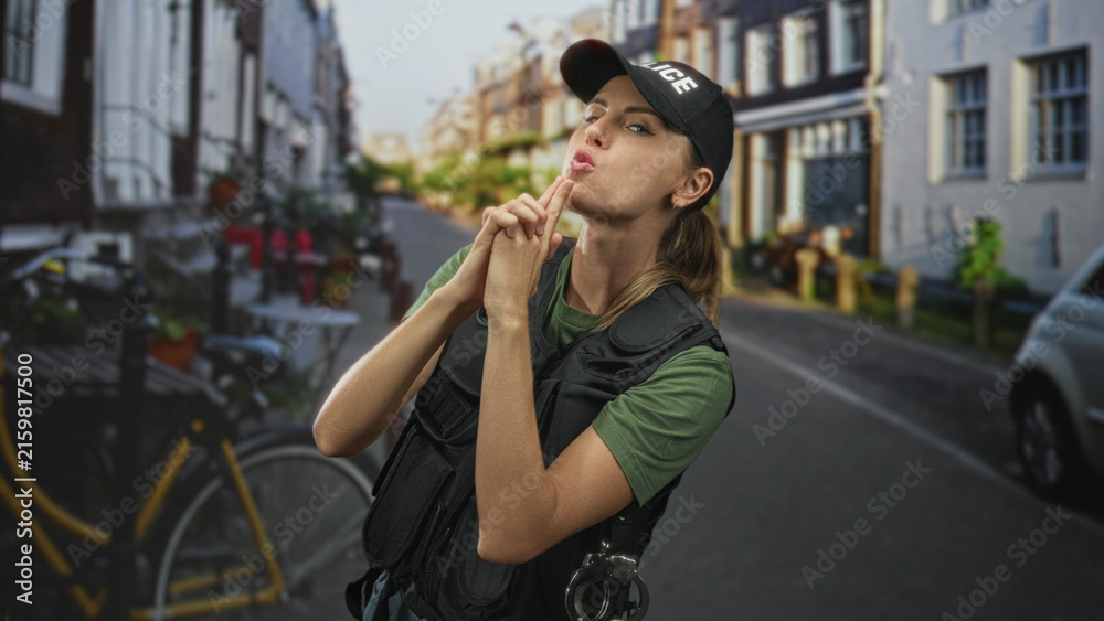 Fototapeta premium Woman police officer shushing with finger to lips on a street, wearing tactical vest and visible handcuffs; hush seriousness.