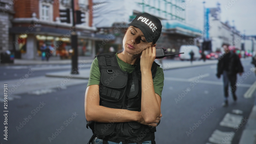 Fototapeta premium Woman police officer holds walkie talkie to cheek with crossed arm on a busy street, cap labeled police and tactical vest visible; weary vigilance duty.