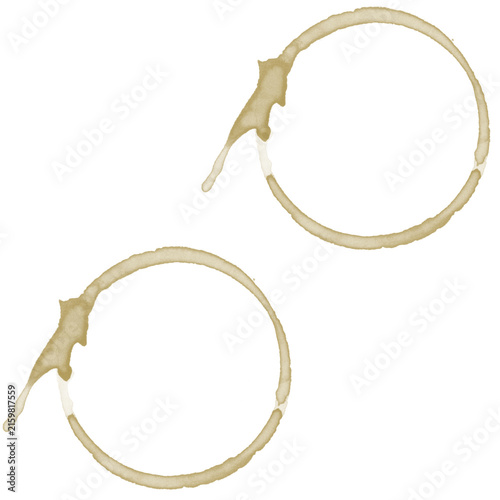 Coffee cup ring stains with drips on white background, partial circle stain brush

