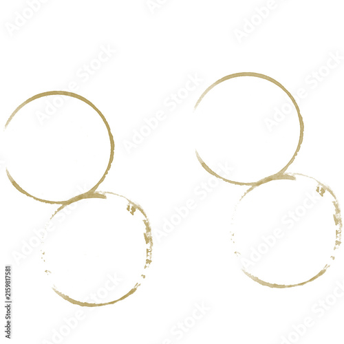 Overlapping coffee cup ring stains on white background, gold coffee stain brush

