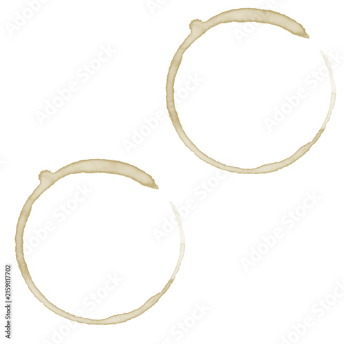 Overlapping coffee cup ring stains on white background, gold coffee stain brush

