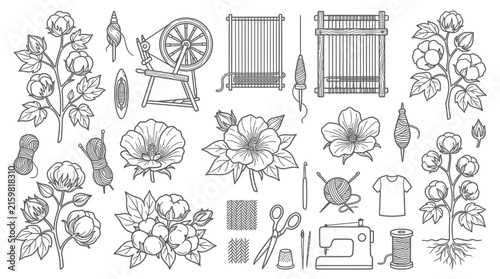 Collection of hand-drawn illustrations depicting the process of cotton cultivation and textile production, from plant to finished garment.