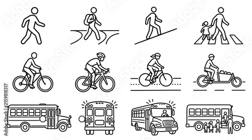 Collection of simple line art icons representing different modes of transportation and pedestrian activities.