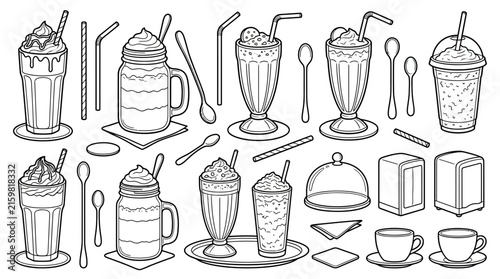 Collection of hand-drawn line art illustrations of various beverages and cafe items.
