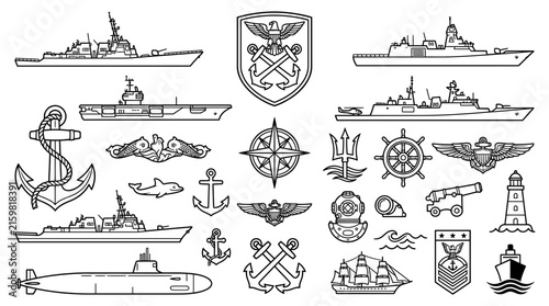 Collection of nautical and military emblems and icons, including ships, submarines, anchors, and naval symbols.