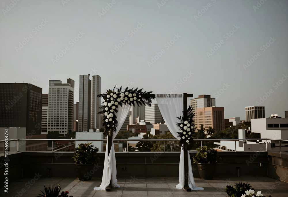 Fototapeta premium Rooftop wedding ceremony arch with white flowers and city skyline background, urban event space and celebration
