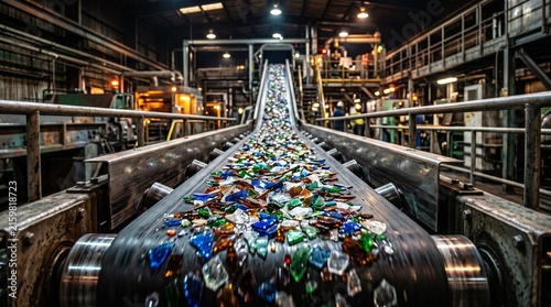Industrial glass recycling facility, colorful cullet on conveyor belt, waste management plant with sorting machinery