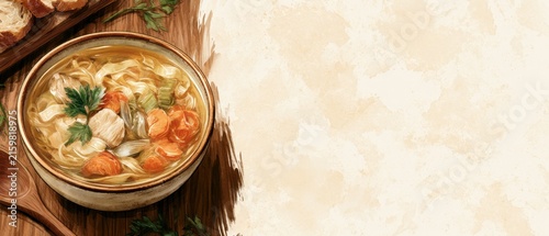 Delicious bowl of comforting chicken noodle soup on a rustic wooden table