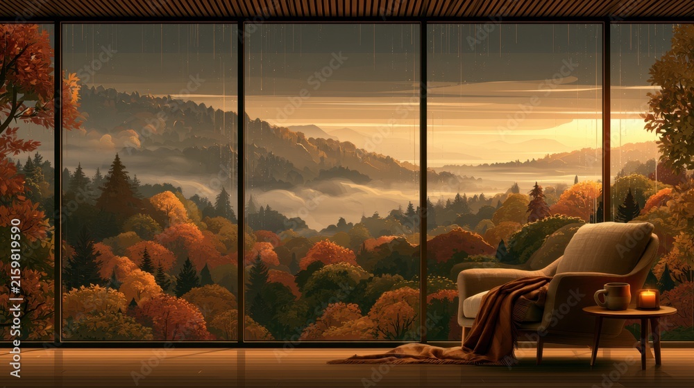 Naklejka premium Serene autumn view from a cozy room with golden light and vibrant foliage