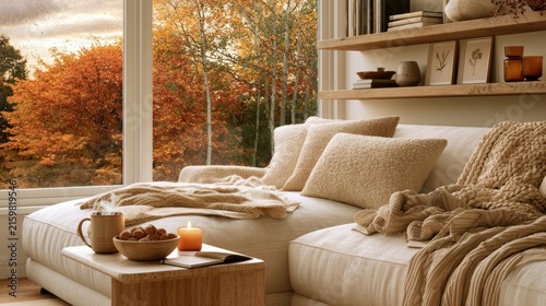 Cozy autumn escape in a serene living room filled with warmth and nature's beauty