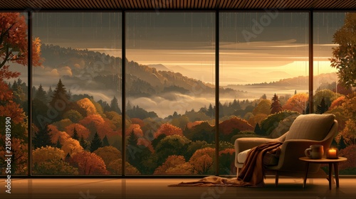 Serene autumn view from a cozy room with golden light and vibrant foliage