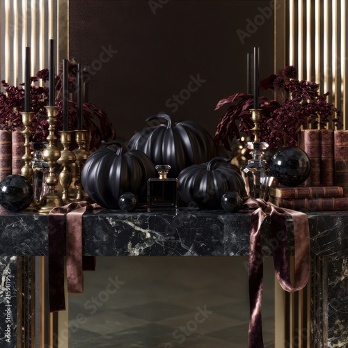 Ultra luxe Halloween table setting with dark pumpkins and elegant decor