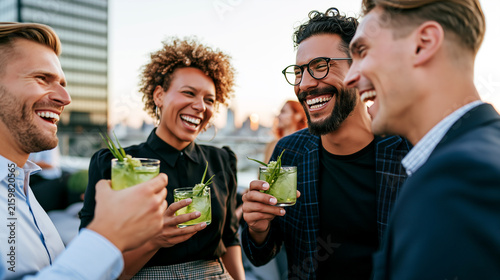 Diverse startup team rooftop celebration holding botanical mocktail drink, city skyline sunset, laughing networking success, corporate party casual elegant, golden hour light.