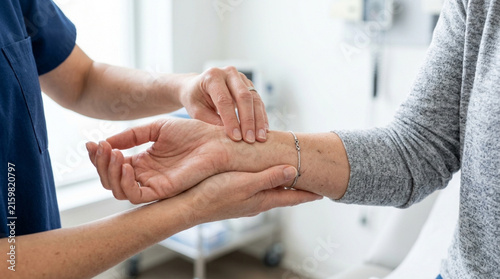 Doctor checking patient's pulse on wrist in clinic examination room