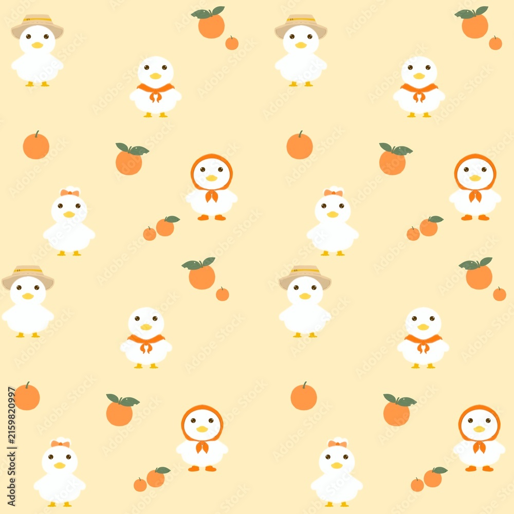 Fototapeta premium Cute cartoon little tiny duck with friands and orange summer happy day happy life seamless pattern. perfect design for fabric, wallpaper, decoration, printing, background, element