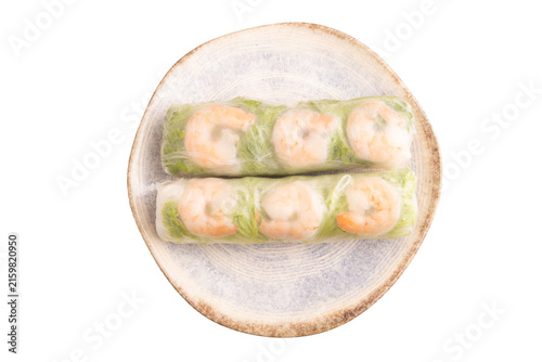 Vietnamese shrimp spring rolls isolated on white. top view, flat lay, close up